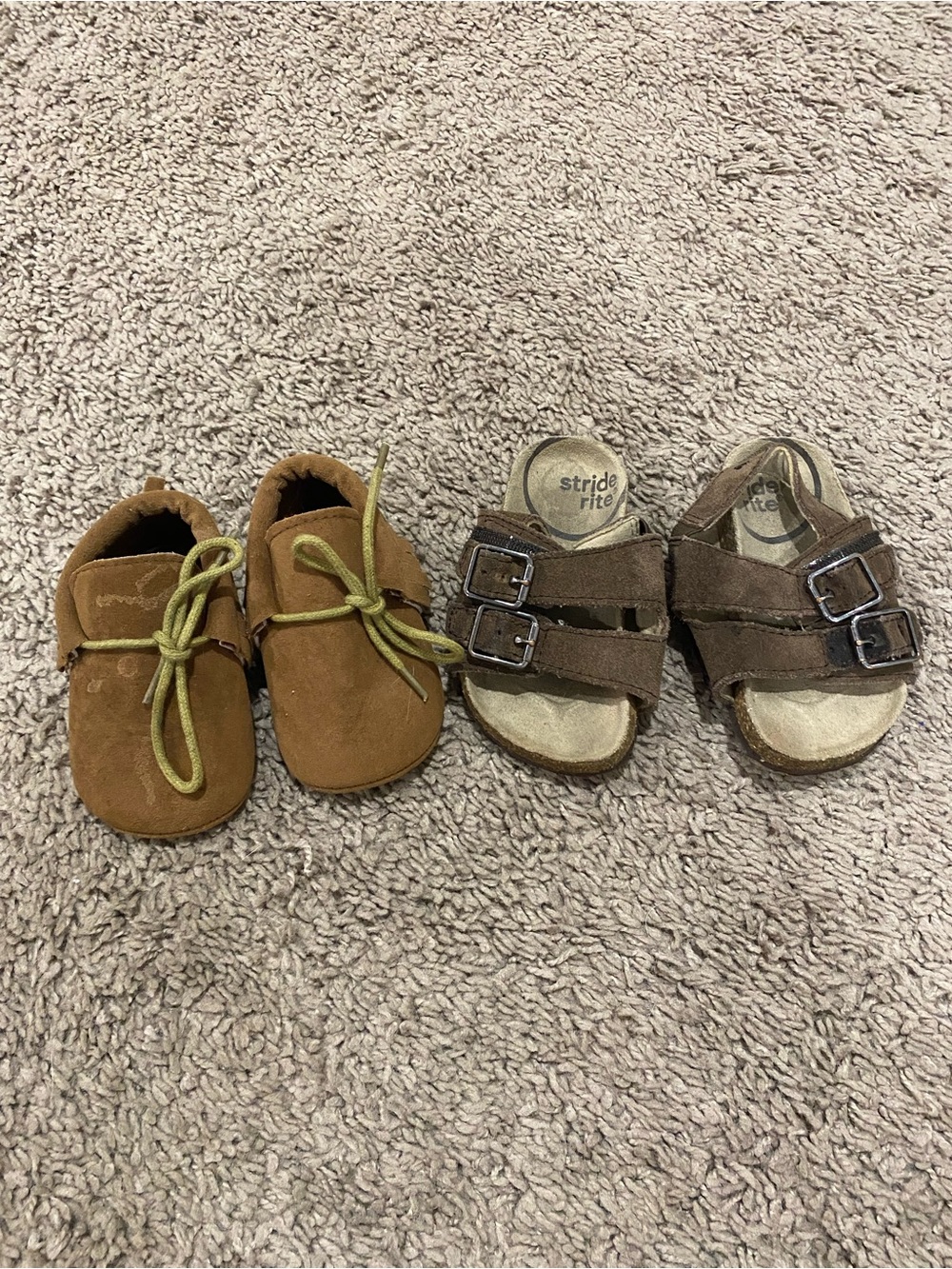 Stride Rite Brown Suede Kids Sandals and Tan Moccasin Set - EUC
